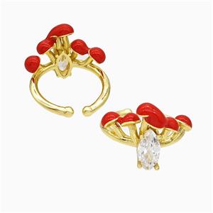 Copper Mushroom Rings Pave Zirconia Red Enamel Gold Plated, approx 16-20mm, 18mm dia [FN20139]