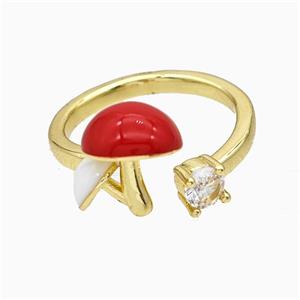 Copper Mushroom Rings Pave Zirconia Red Enamel Gold Plated, approx 4-9mm, 18mm dia [FN20143]