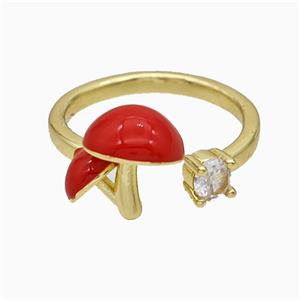 Copper Mushroom Rings Pave Zirconia Red Enamel Gold Plated, approx 4-9mm, 18mm dia [FN20144]