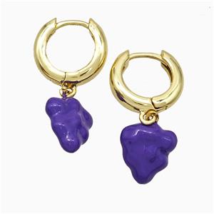 Copper Strawberry Hoop Earrings Purple Enamel Gold Plated, approx 11-12mm, 15mm dia [FN20169]