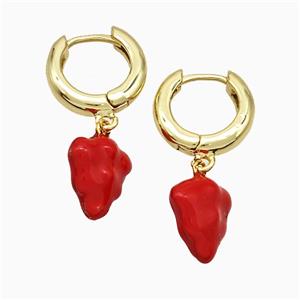 Copper Strawberry Hoop Earrings Red Enamel Gold Plated, approx 11-12mm, 15mm dia [FN20170]