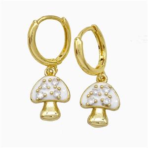Copper Mushroom Hoop Earrings Pave Zirconia White Enamel Gold Plated, approx 11-13mm, 14mm dia [FN20174]