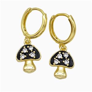 Copper Mushroom Hoop Earrings Pave Zirconia Black Enamel Gold Plated, approx 11-13mm, 14mm dia [FN20175]