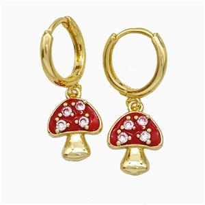 Copper Mushroom Hoop Earrings Pave Zirconia Red Enamel Gold Plated, approx 11-13mm, 14mm dia [FN20176]