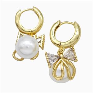 Copper Bowknot Hoop Earrings Pave Pearlized Resin Gold Plated, approx 15mm, 15mm dia [FN20178]