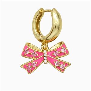 Copper Bowknot Hoop Earrings Pave Zirconia Pink Enamel Gold Plated, approx 13-21mm, 15mm dia [FN20182]