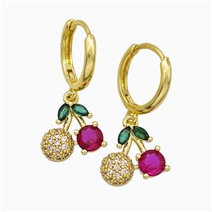 Copper Strawberry Hoop Earrings Pave Zirconia Gold Plated, approx 11-12mm, 14mm dia [FN20183]