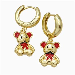 Copper Bear Hoop Earrings Red Enamel Gold Plated, approx 11.5-15mm, 15mm dia [FN20184]