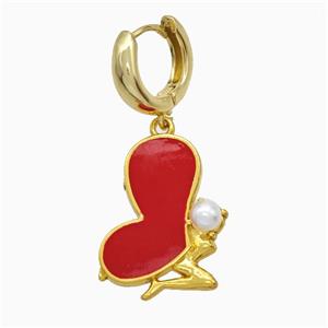 Copper Fairy Hoop Earrings Pave Pearlized Resin Red Enamel Gold Plated, approx 18-25mm, 15mm dia [FN20186]