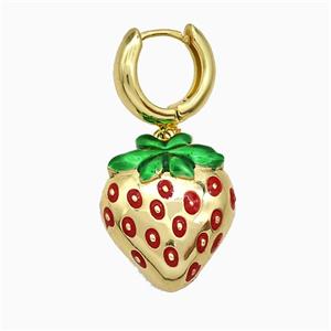 Copper Strawberry Hoop Earrings Red Enamel Gold Plated, approx 20-22mm, 15mm dia [FN20187]