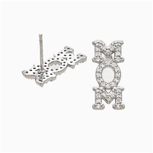 Copper MOM Stud Earrings Pave Zirconia Platinum Plated, approx 8-18mm [FN20192]