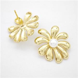 Copper Flower Stud Earrings Pave Pearlized Resin Gold Plated, approx 22-24mm [FN20196]