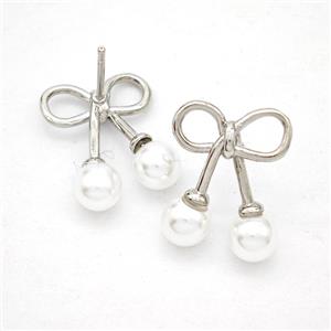 Copper Bowknot Stud Earrings Pave Pearlized Resin Platinum Plated, approx 14-18mm [FN20203]