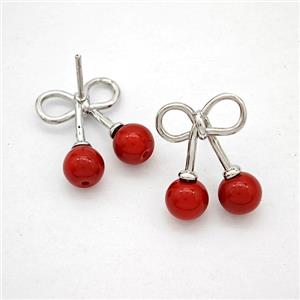 Copper Bowknot Stud Earrings Pave Red Pearlized Resin Platinum Plated, approx 14-18mm [FN20205]