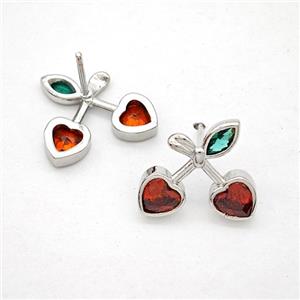 Copper Cherry Stud Earrings Pave Zirconia Platinum Plated, approx 14-15mm [FN20207]