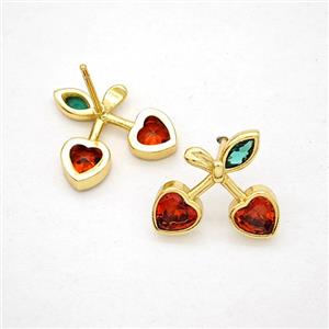Copper Cherry Stud Earrings Pave Zirconia Gold Plated, approx 14-15mm [FN20208]