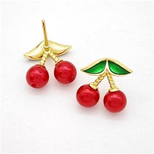 Copper Cherry Stud Earrings Pave Red Pearlized Resin Gold Plated, approx 13mm [FN20209]