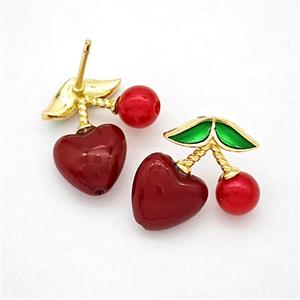 Copper Cherry Stud Earrings Pave Red Pearlized Resin Gold Plated, approx 17-18mm [FN20210]