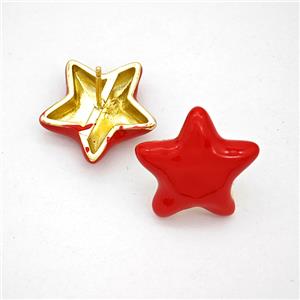 Copper Star Stud Earrings Red Enamel Gold Plated, approx 20mm [FN20214]