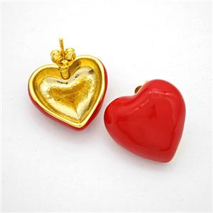 Copper Heart Stud Earrings Red Enamel Gold Plated, approx 20mm [FN20215]