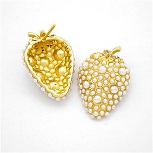 Copper Strawberry Stud Earrings Micropave Pearlized Resin Gold Plated, approx 17-23mm [FN20216]