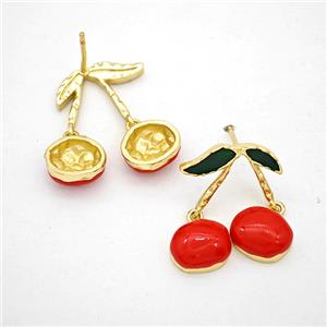 Copper Cherry Stud Earrings Red Enamel Gold Plated, approx 15-20mm [FN20217]
