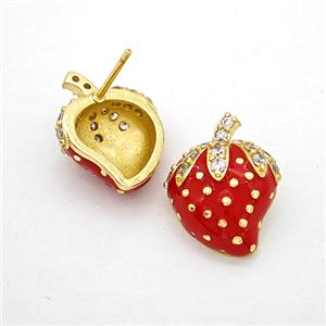 Copper Strawberry Stud Earrings Pave Zirconia Red Enamel Gold Plated, approx 15mm [FN20220]