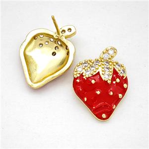 Copper Strawberry Stud Earrings Pave Zirconia Red Enamel Gold Plated, approx 15-20mm [FN20222]