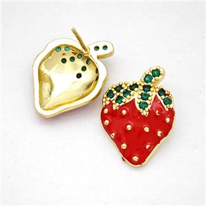 Copper Strawberry Stud Earrings Pave Zirconia Red Enamel Gold Plated, approx 15-20mm [FN20223]