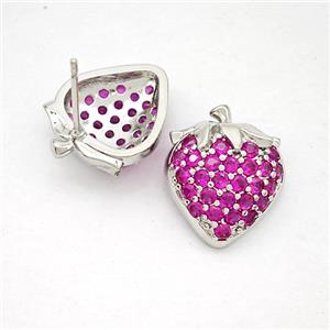 Copper Strawberry Stud Earrings Pave Zirconia Platinum Plated, approx 15-17mm [FN20226]