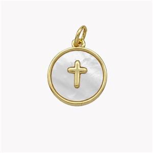Copper Cross Pendant Pave Shell Circle Gold Plated, approx 13mm [FN49256]