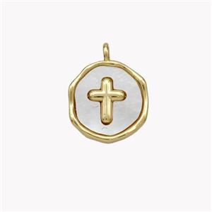 Copper Cross Pendant Pave Shell Circle Gold Plated, approx 12mm [FN49258]
