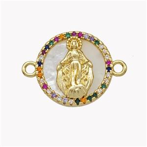 Copper Virgin Mary Connector Pave Shell Zirconia Circle 18K Gold Plated, approx 17mm [FN49284]