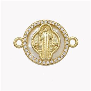 Copper Saint Jude Connector Pave Shell Zirconia Circle 18K Gold Plated, approx 17mm [FN49285]