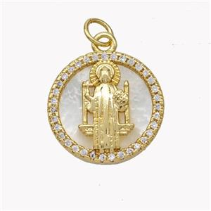 Copper Saint Jude Pendant Pave Shell Zirconia Circle 18K Gold Plated, approx 17mm [FN49289]