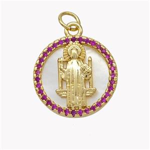 Copper Saint Jude Pendant Pave Shell Zirconia Circle 18K Gold Plated, approx 17mm [FN49290]