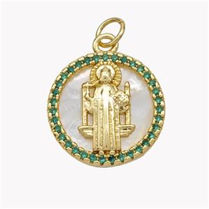 Copper Saint Jude Pendant Pave Shell Zirconia Circle 18K Gold Plated, approx 17mm [FN49291]
