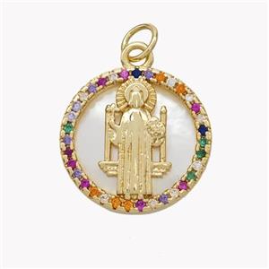 Copper Saint Jude Pendant Pave Shell Zirconia Circle 18K Gold Plated, approx 17mm [FN49292]