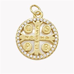 Saint Bendict Charms Copper Cross Pendant Pave Shell Zirconia CSSML NDSMD 18K Gold Plated, approx 17mm [FN49309]