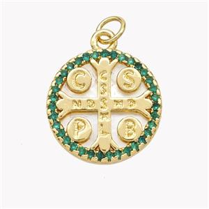 Saint Bendict Charms Copper Cross Pendant Pave Shell Zirconia CSSML NDSMD 18K Gold Plated, approx 17mm [FN49311]