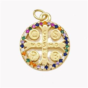 Saint Bendict Charms Copper Cross Pendant Pave Shell Zirconia CSSML NDSMD 18K Gold Plated, approx 17mm [FN49312]
