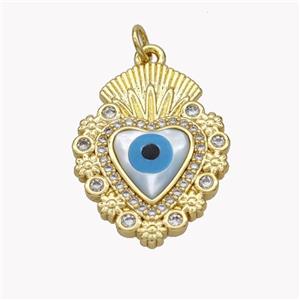 Copper Heart Pendant Pave Shell Zirconia Evil Eye 18K Gold Plated, approx 20-26mm [FN49356]