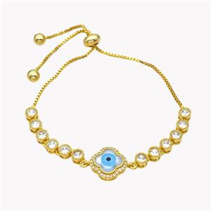Copper Eveil Eye Clover Bracelet Pave Zirconia Adjustable 18K Gold Plated, approx 13mm, 5mm, 24cm length [FN49392]