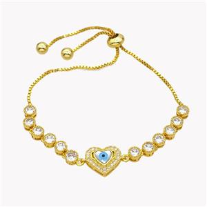 Copper Eveil Eye Heart Bracelet Pave Zirconia Adjustable 18K Gold Plated, approx 11-13mm, 5mm, 24cm length [FN49396]