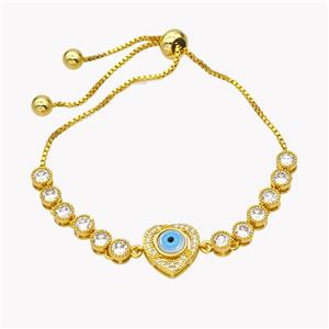 Copper Eveil Eye Heart Bracelet Pave Zirconia Adjustable 18K Gold Plated, approx 12mm, 5mm, 24cm length [FN49398]