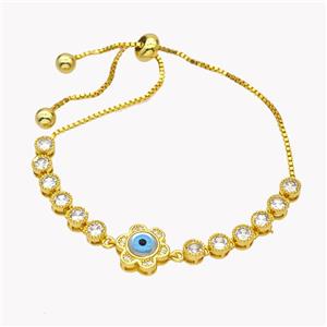 Copper Eveil Eye Flower Bracelet Pave Zirconia Adjustable 18K Gold Plated, approx 12mm, 5mm, 24cm length [FN49406]