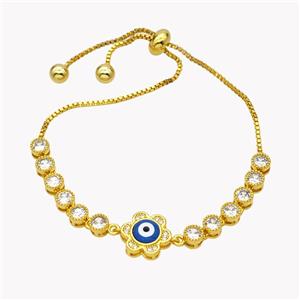 Copper Eveil Eye Flower Bracelet Pave Zirconia Adjustable 18K Gold Plated, approx 12mm, 5mm, 24cm length [FN49407]