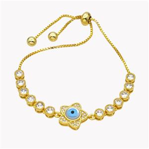 Copper Eveil Eye Flower Bracelet Pave Zirconia Adjustable 18K Gold Plated, approx 13mm, 5mm, 24cm length [FN49408]