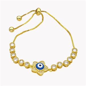 Copper Eveil Eye Flower Bracelet Pave Zirconia Adjustable 18K Gold Plated, approx 13mm, 5mm, 24cm length [FN49409]