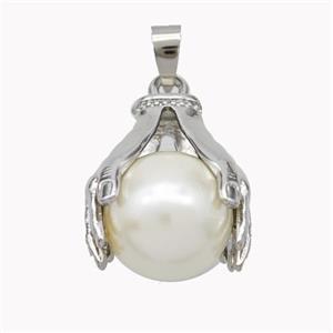 Copper Hand Pendant Pave Pearlized Resin Ball Platinum Plated, approx 16mm, 20-25mm [FN49485-16MM]